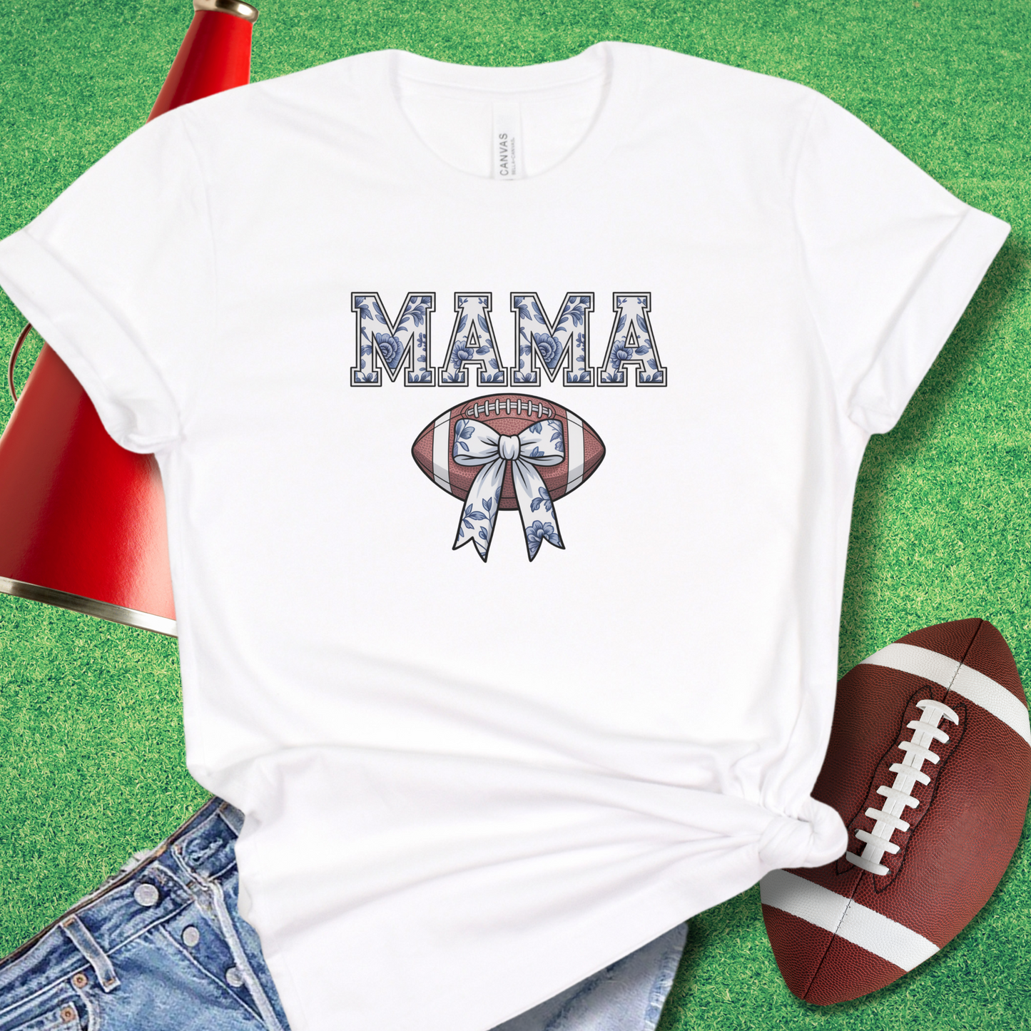 Sports mom game day t-shirt with elegant chinoiserie floral style and football icon