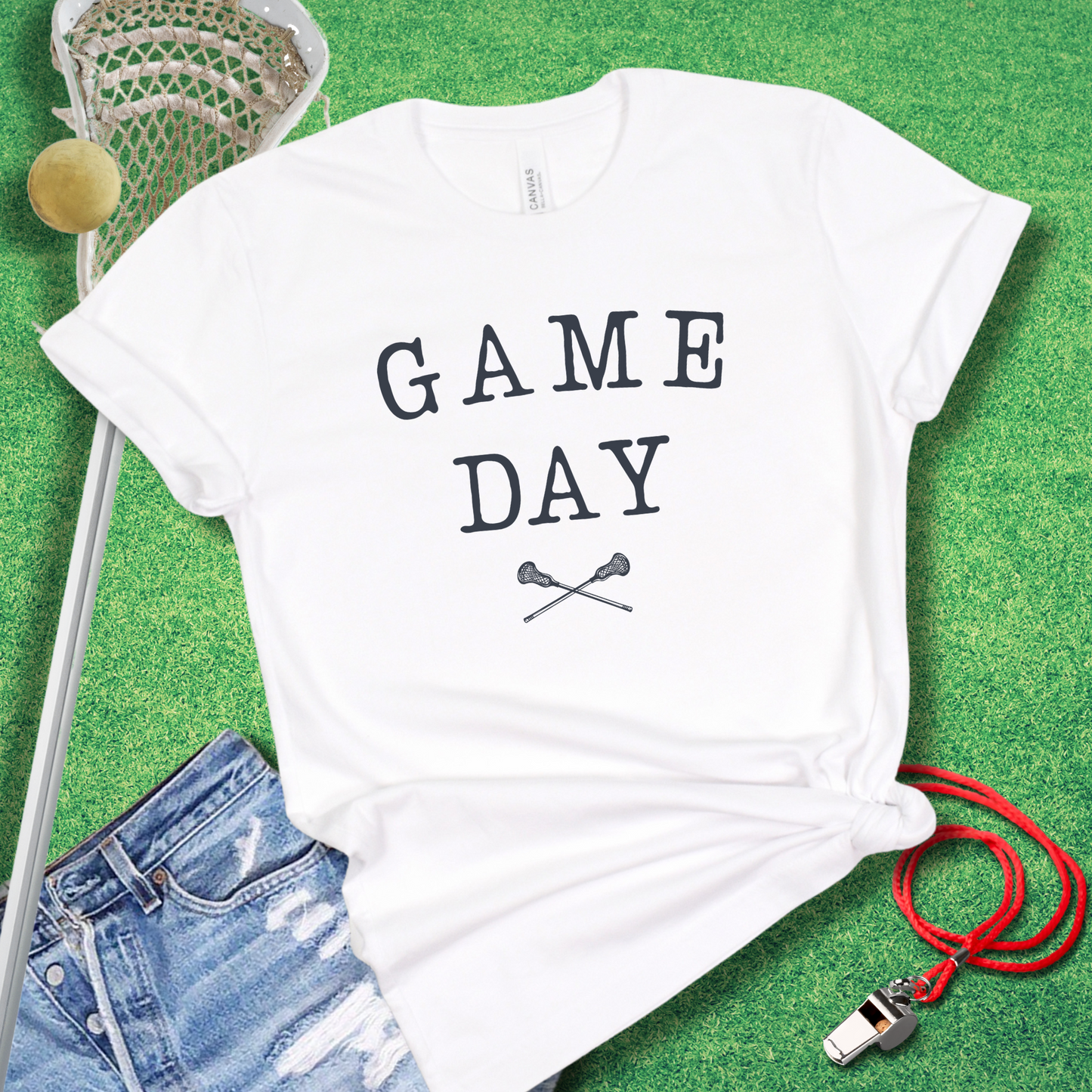 Game Day lacrosse T-shirt with bold type font and lacrosse sticks graphic