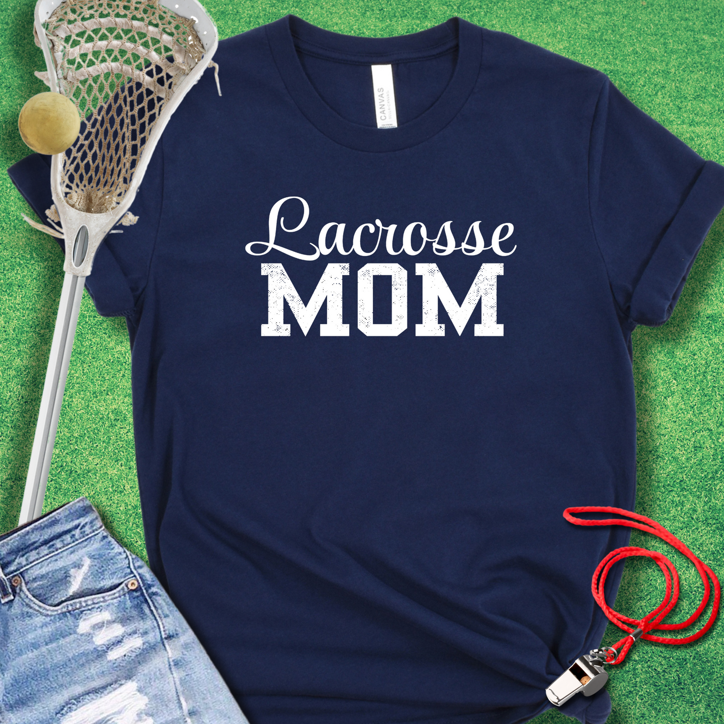 Trendy Lacrosse Mom T-shirt with cursive Lacrosse and distressed Mom text.