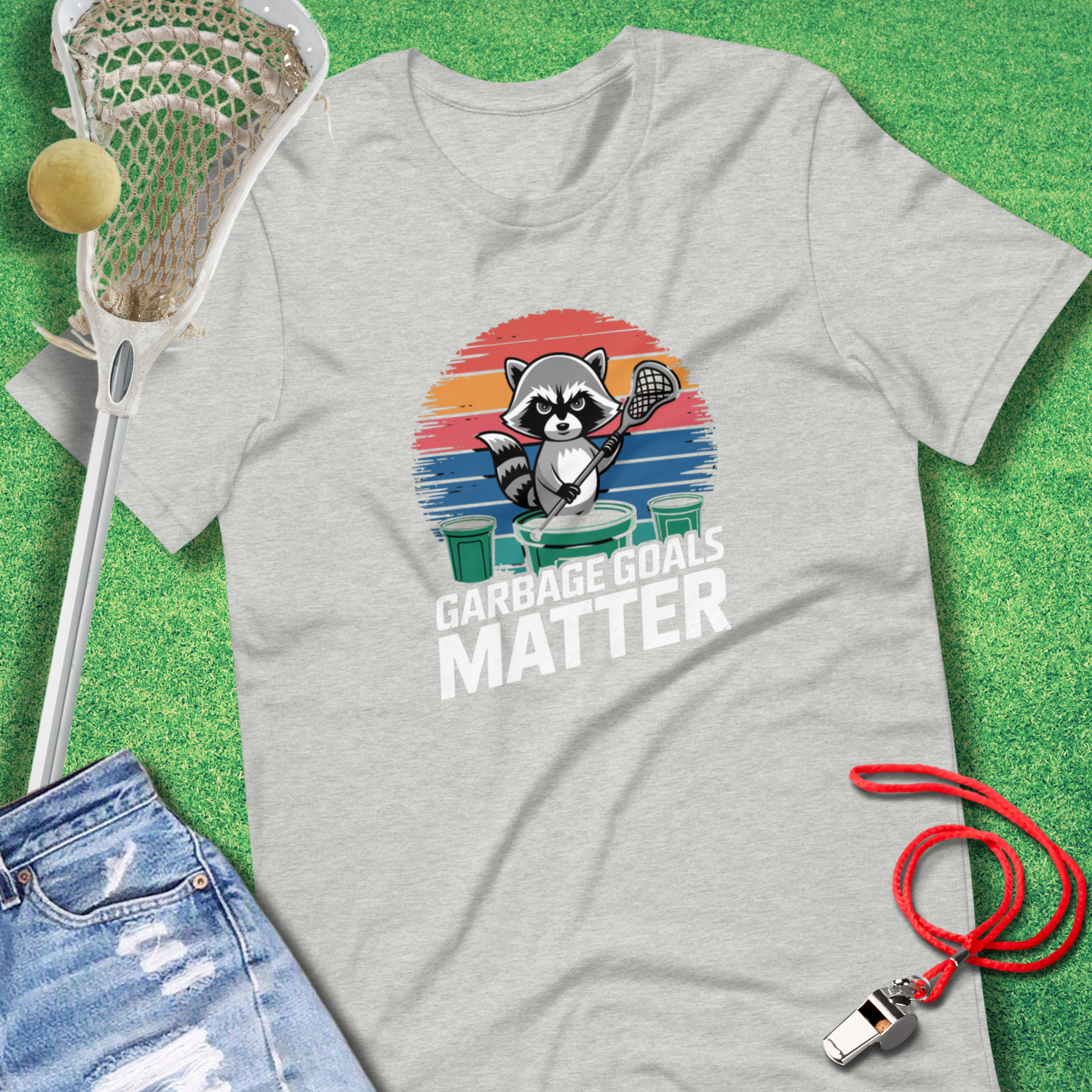 Funny lacrosse shirt featuring raccoon player and Garbage Goals Matter text