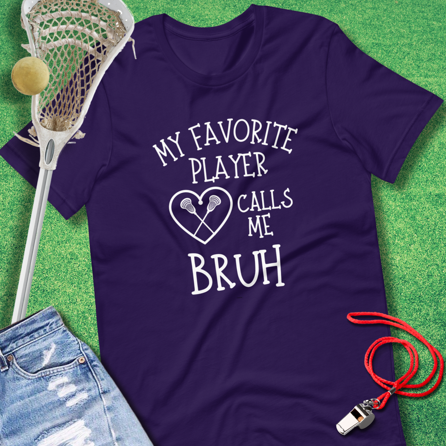 Purple T-shirt with βMy Favorite Player Calls Me Bruhβ text design for sports parents.