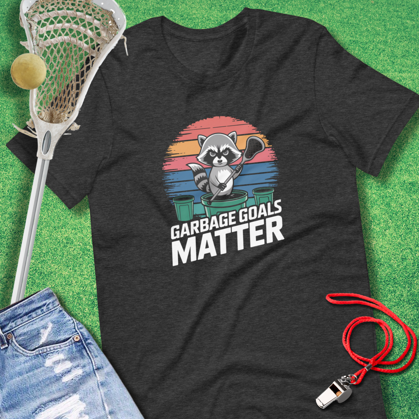 Sideline Gods lacrosse tee with bold Garbage Goals Matter slogan