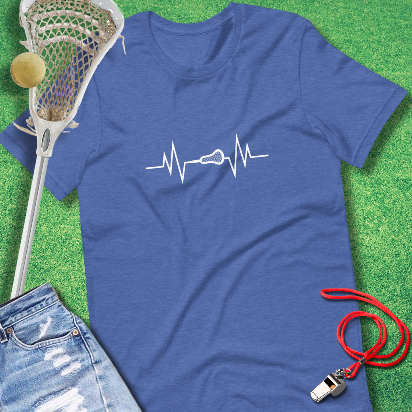 Lacrosse heartbeat T-shirt with heartbeat line and lacrosse stick graphic