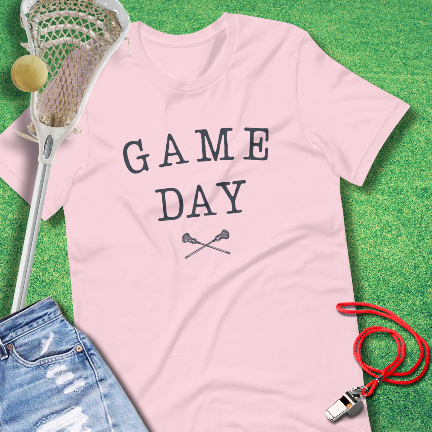 Lacrosse mom Game Day shirt in typewriter style with crossed sticks