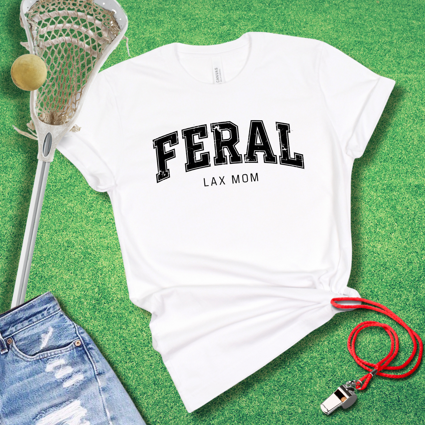 white T-shirt with “Feral Lax Mom” bold text design, perfect for lacrosse moms