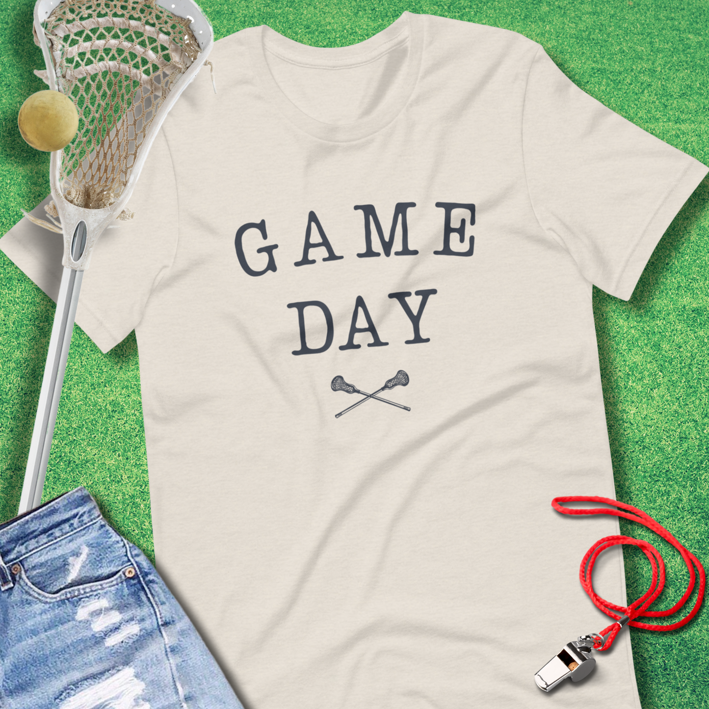 Sideline Gods lacrosse tee featuring Game Day text and sticks design