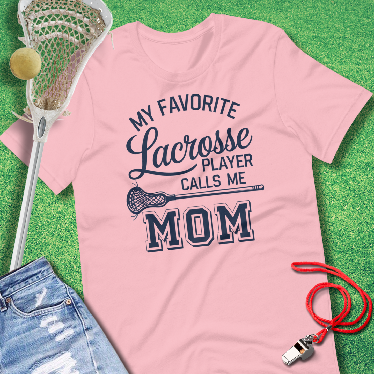 Pink T-shirt with “My Favorite Player Calls Me Mom” design, perfect gift for lacrosse mom