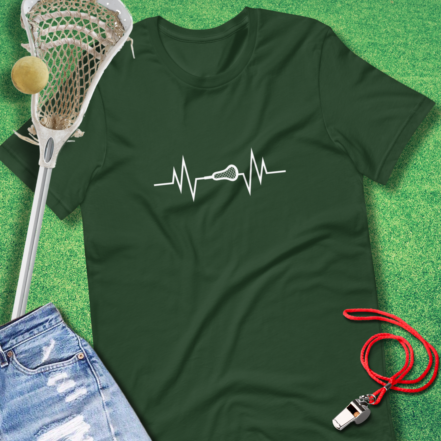 Lacrosse T-shirt with heartbeat design and stick in the center