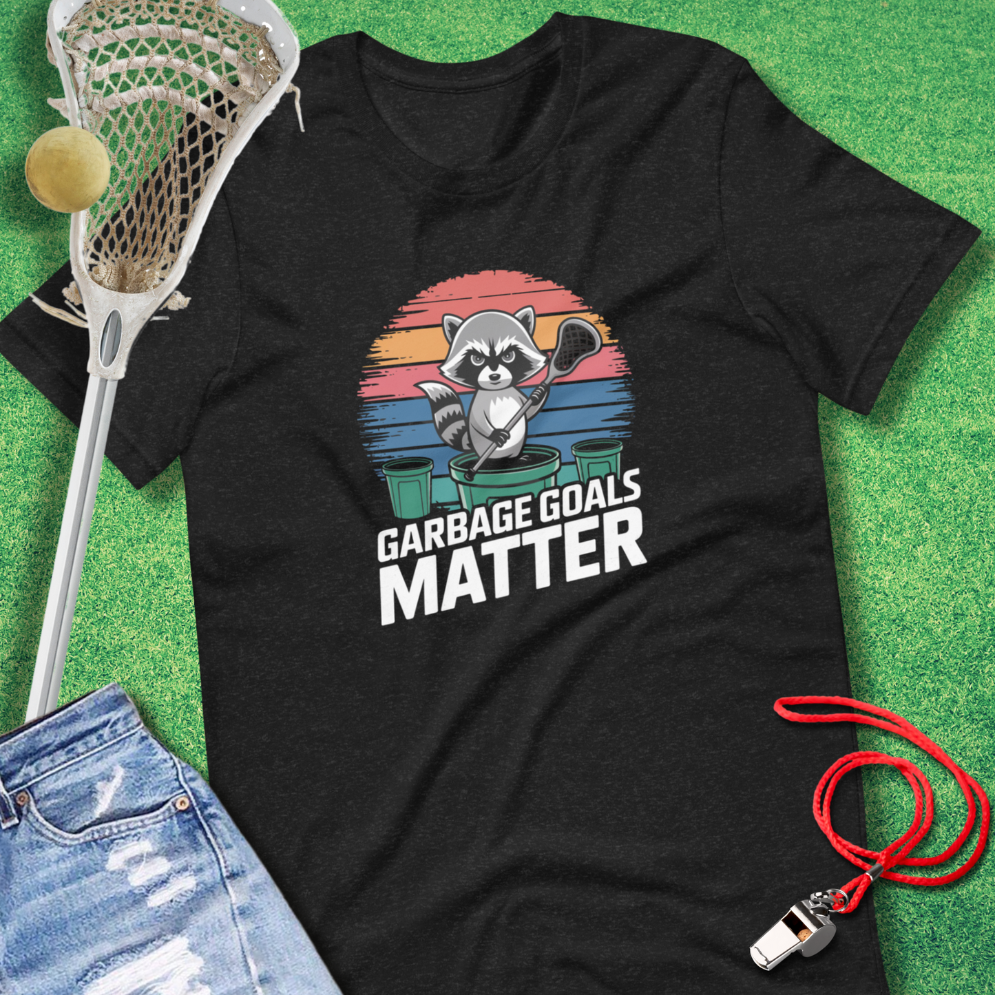 Garbage Goals Matter lacrosse T-shirt with raccoon lacrosse player graphic