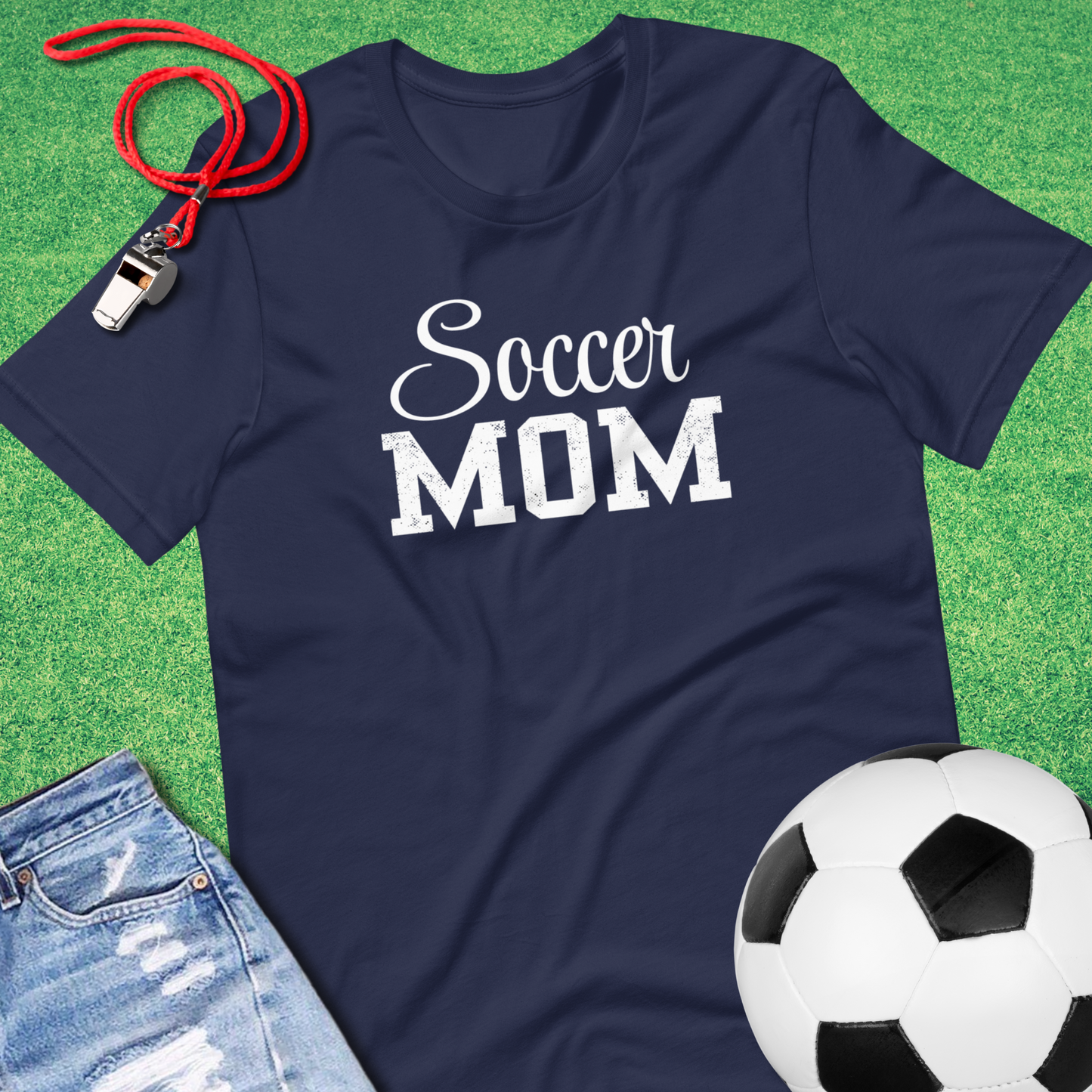 Comfy unisex soccer mom tee with varsity-style graphic text navy