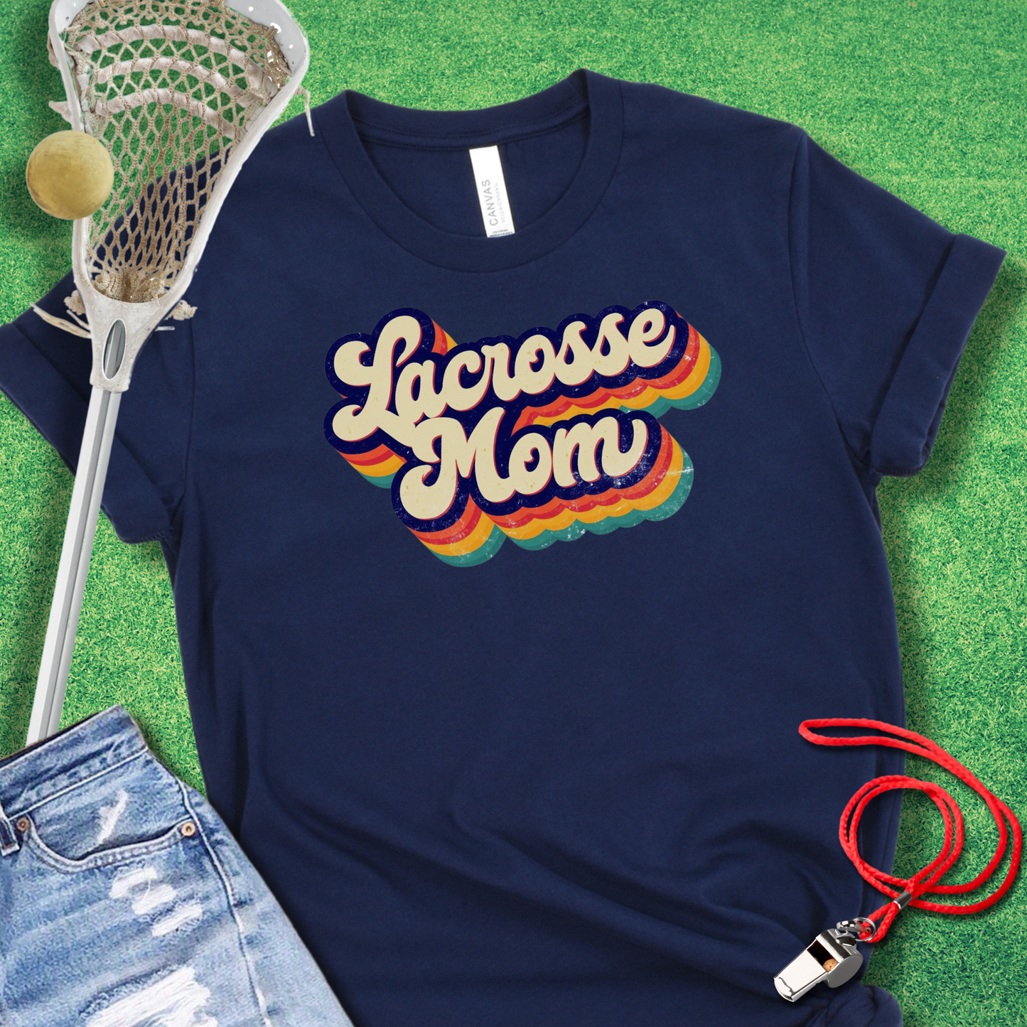Retro rainbow Lacrosse Mom T-shirt in colorful vintage font, perfect for game days navy gift