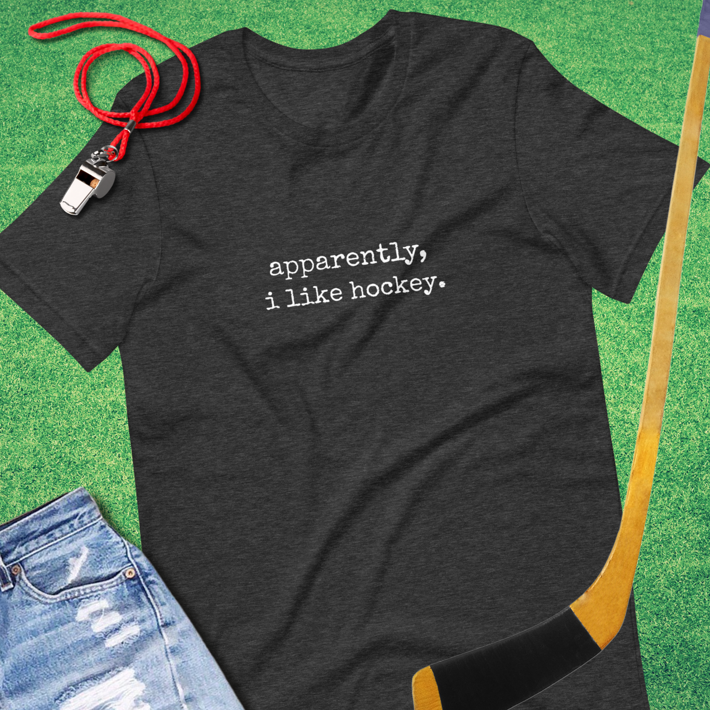 Apparently, I Like Hockey T-Shirt in Dark Grey Heather - Funny Hockey T-Shirt | Sideline Gods