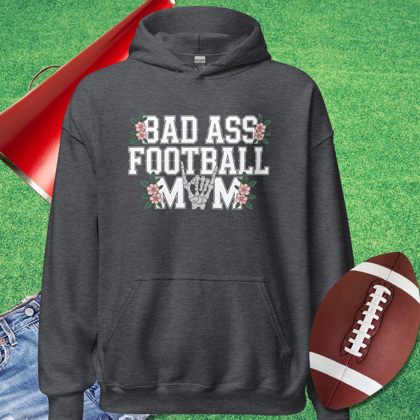 Bad A** Football Mom Hoodie in Dark Heather - Football Mom Christmas Gifts by Sideline Gods