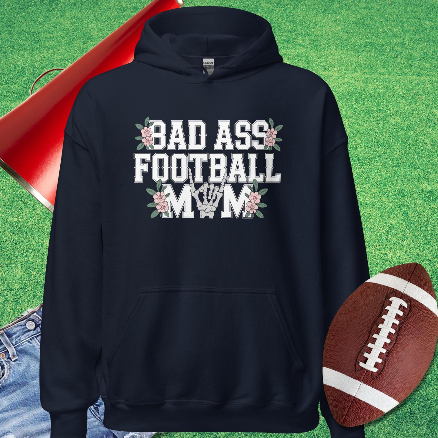 Bad A** Football Mom Hoodie in Navy - Sports Mom Gifts by Sideline Gods