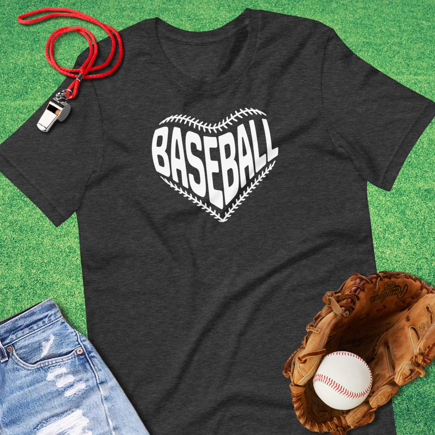 Classic Baseball Heart T-Shirt in Dark Grey Heather - Unique Ballpark T-Shirt for Players and Fans | Sideline Gods