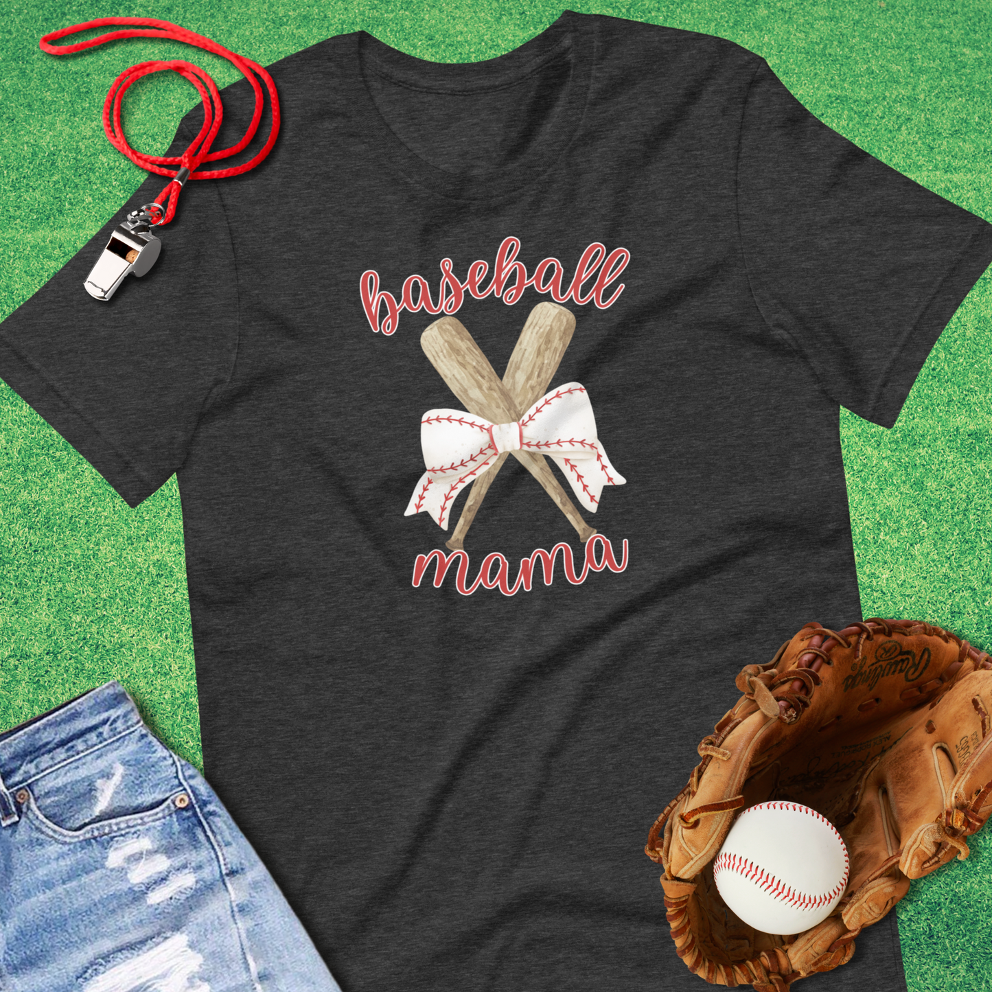 Baseball Mama Bats and Bows T-Shirt in Dark Grey Heather - Ballpark Mom T-Shirt | Sideline Gods