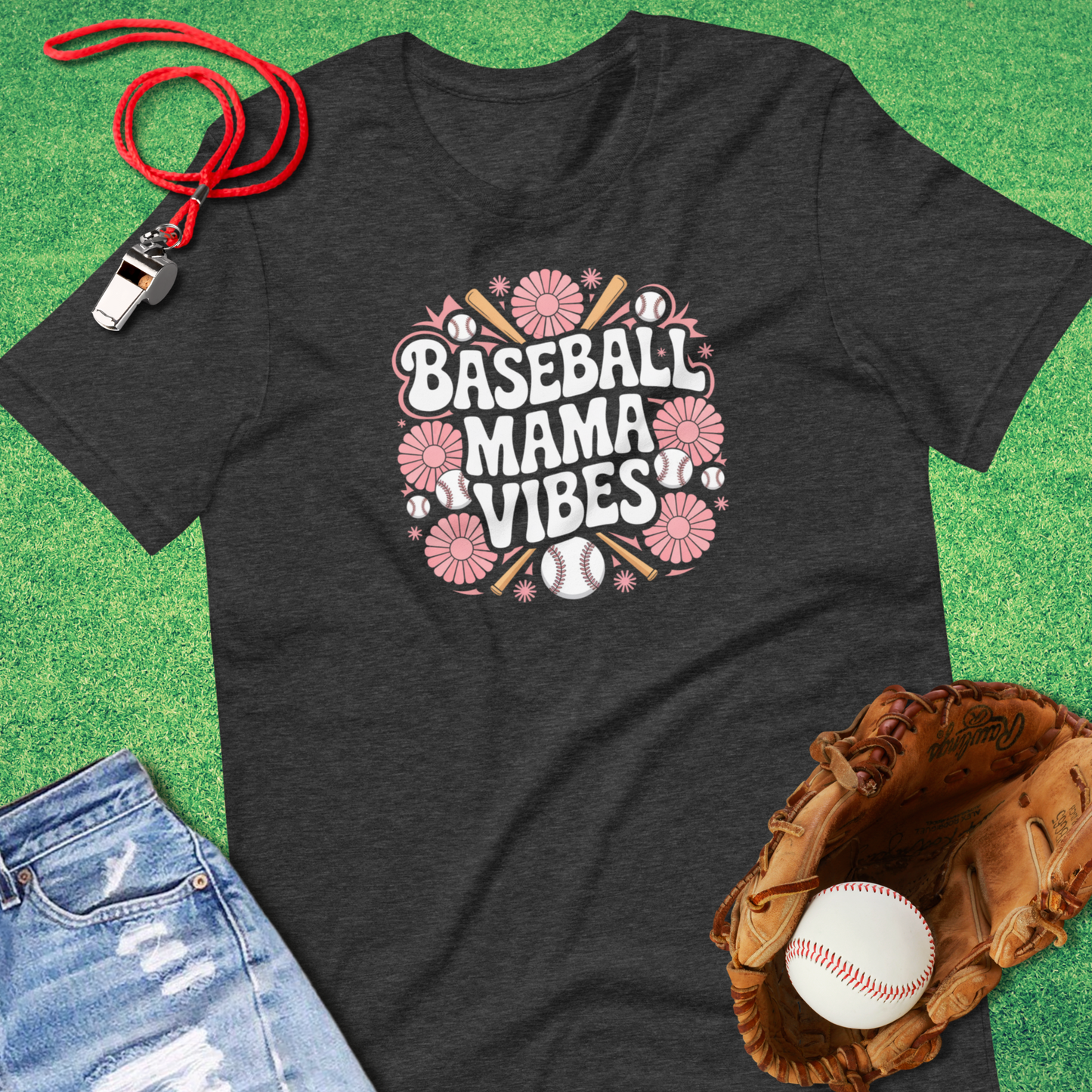Baseball Mama Vibes Flower T-Shirt in Dark Grey Heather - Baseball Mom Gift | Sideline Gods