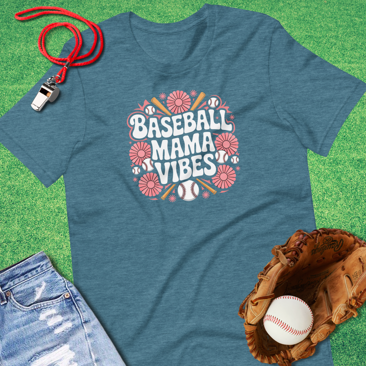 Baseball Mama Vibes Flower T-Shirt in Heather Deep Teal - Ballpark Mom T-Shirt | Sideline Gods