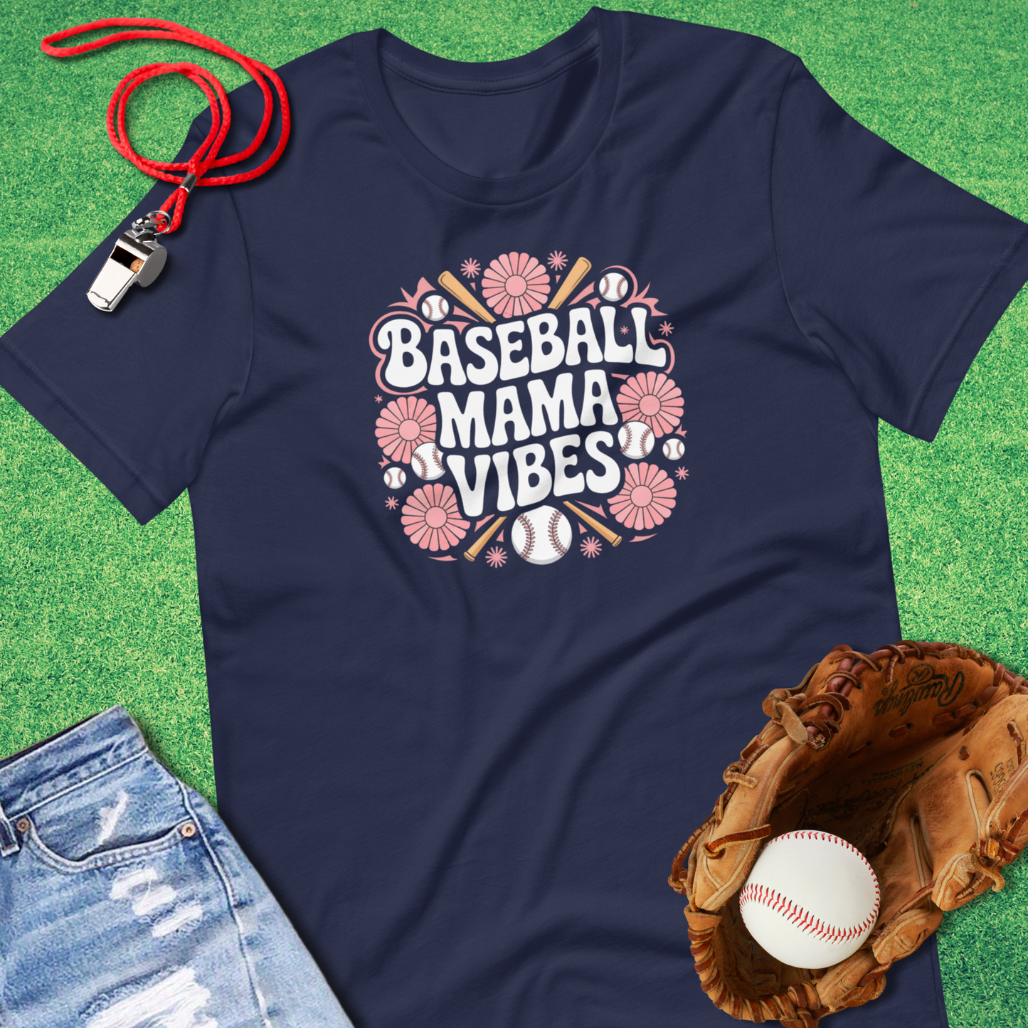 Baseball Mama Vibes Flower T-Shirt in Navy - Ballpark Mom Gift | Sideline Gods