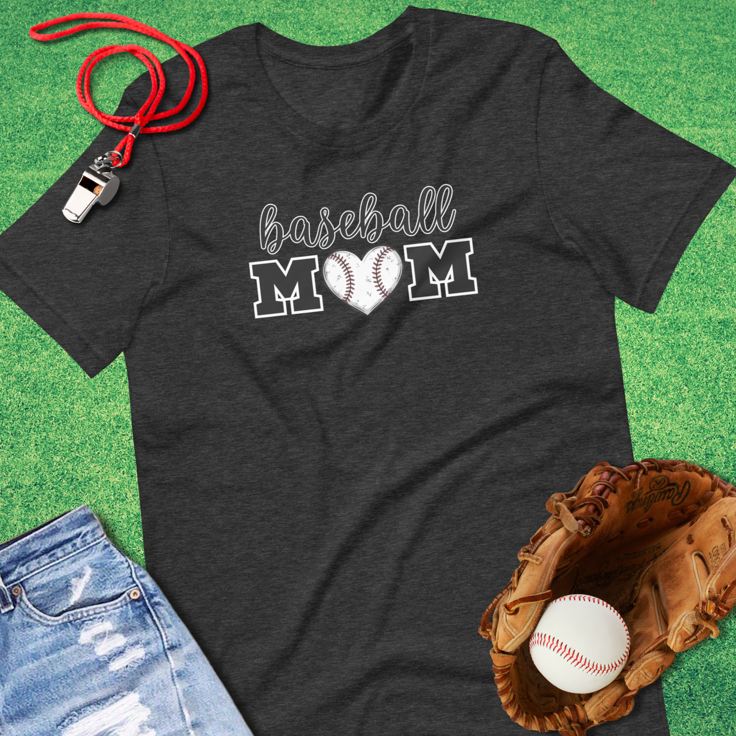 Baseball Mom Heart T-Shirt in Dark Grey Heather - Ballpark Mom T-Shirt | Sideline Gods