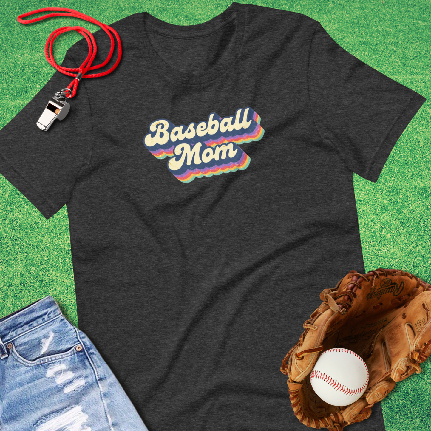 Baseball Retro Rainbow T-Shirt in Dark Grey Heather - Unique Ballpark T-Shirt for Players and Fans | Sideline Gods