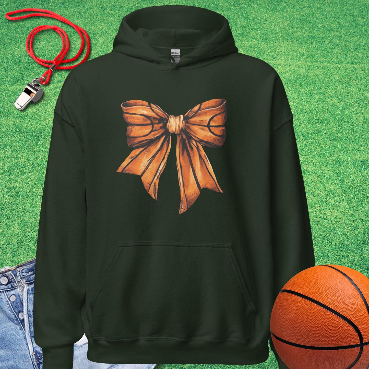 Basketball Bow Hoodie in Forest Green - Basketball Mom Gift | Sideline Gods