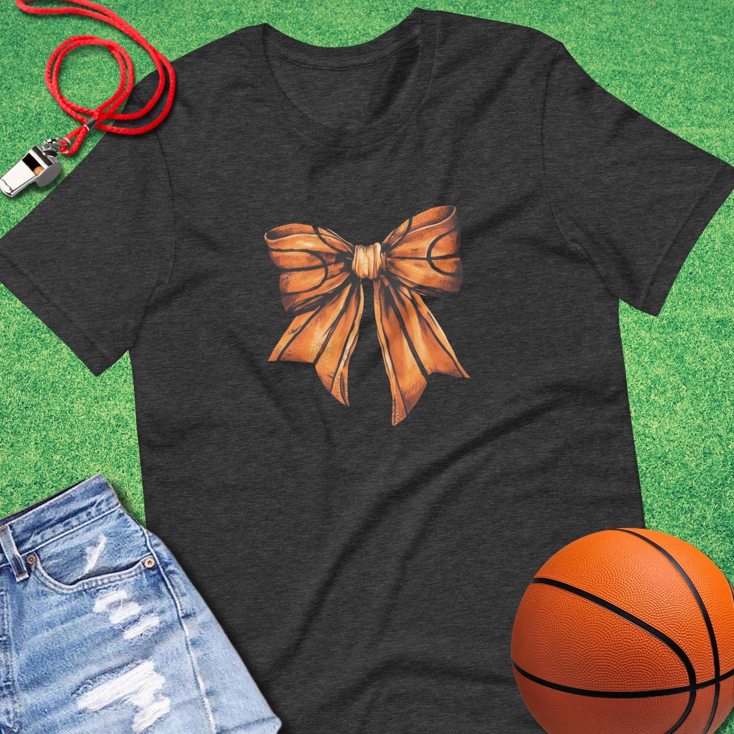 Basketball Bow T-Shirt in Dark Grey Heather - Basketball Mom Spirit | Sideline Gods