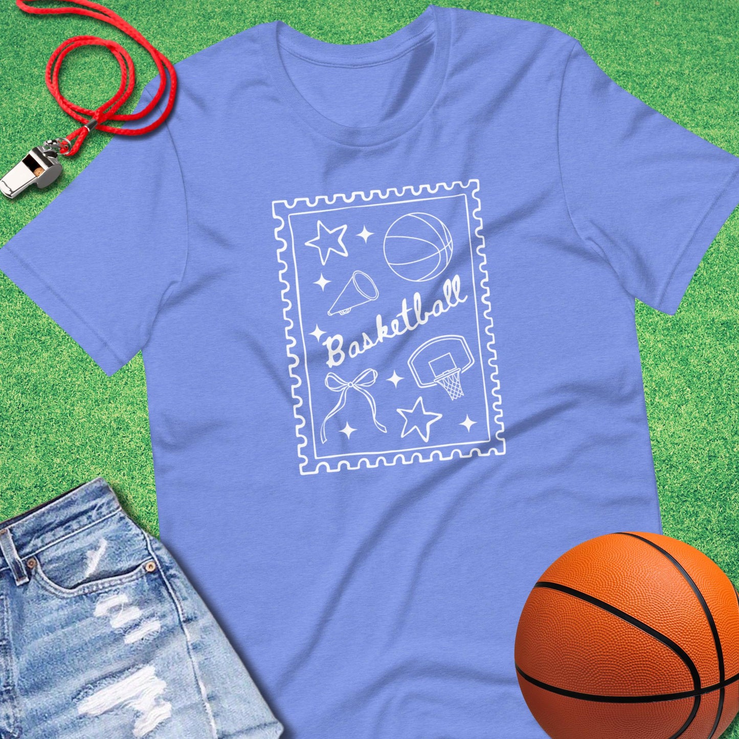 Basketball Stamp T-Shirt in Heather Columbia Blue - Basketball Mom Spirit | Sideline Gods