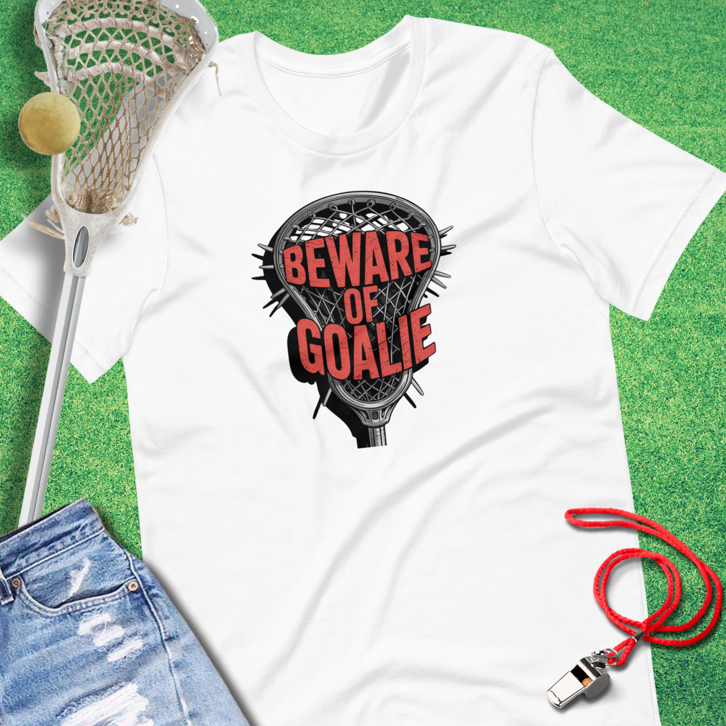 Beware of Goalie T-Shirt in White - Lax Goalie T-Shirt for players and fans | Sideline Gods