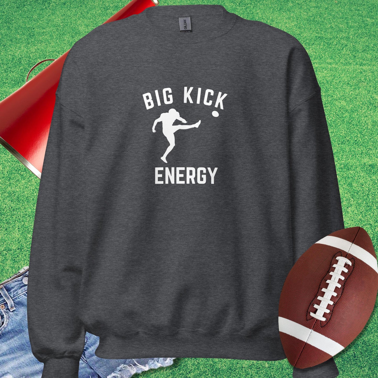 Big Kicker Energy Sweatshirt in Dark Heather - football dad funny sweatshirt by Sideline Gods