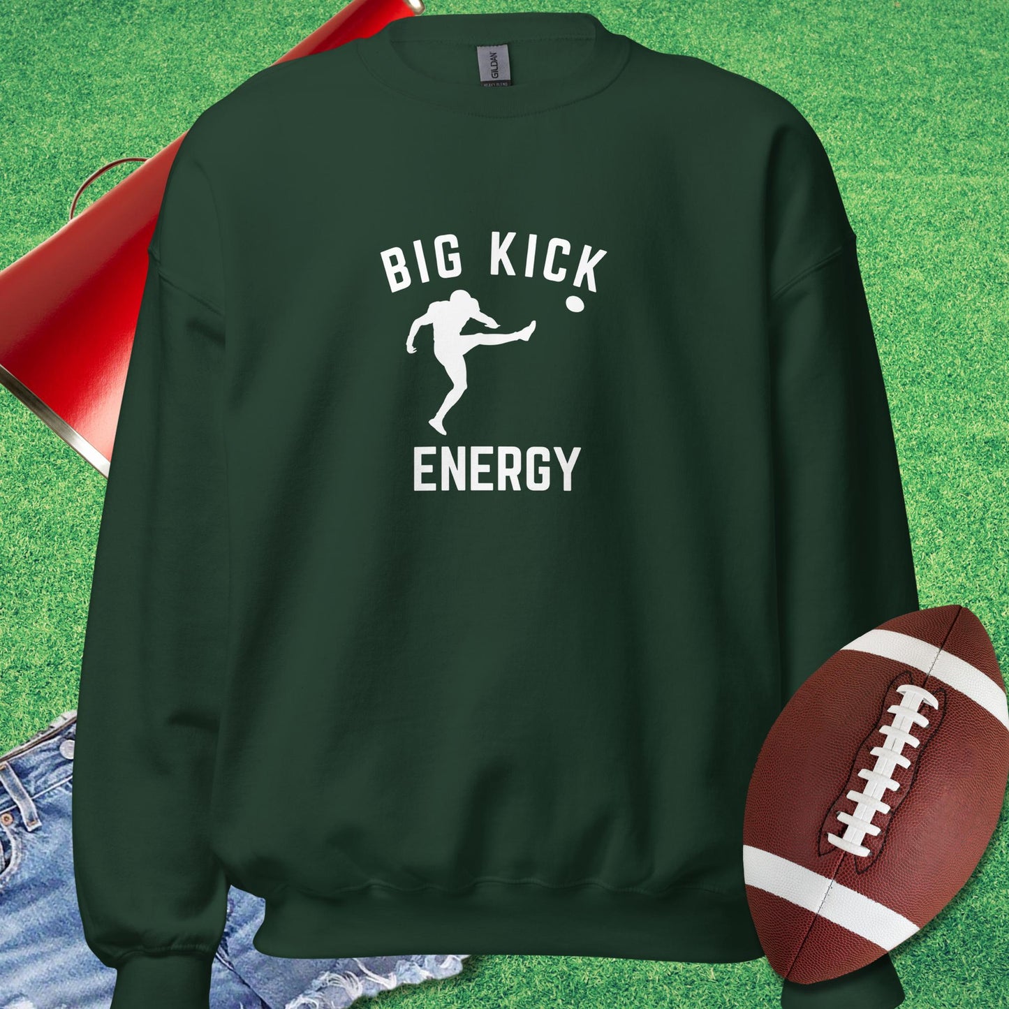 Big Kicker Energy Sweatshirt in Forest Green - football fan funny Sweatshirt by Sideline Gods