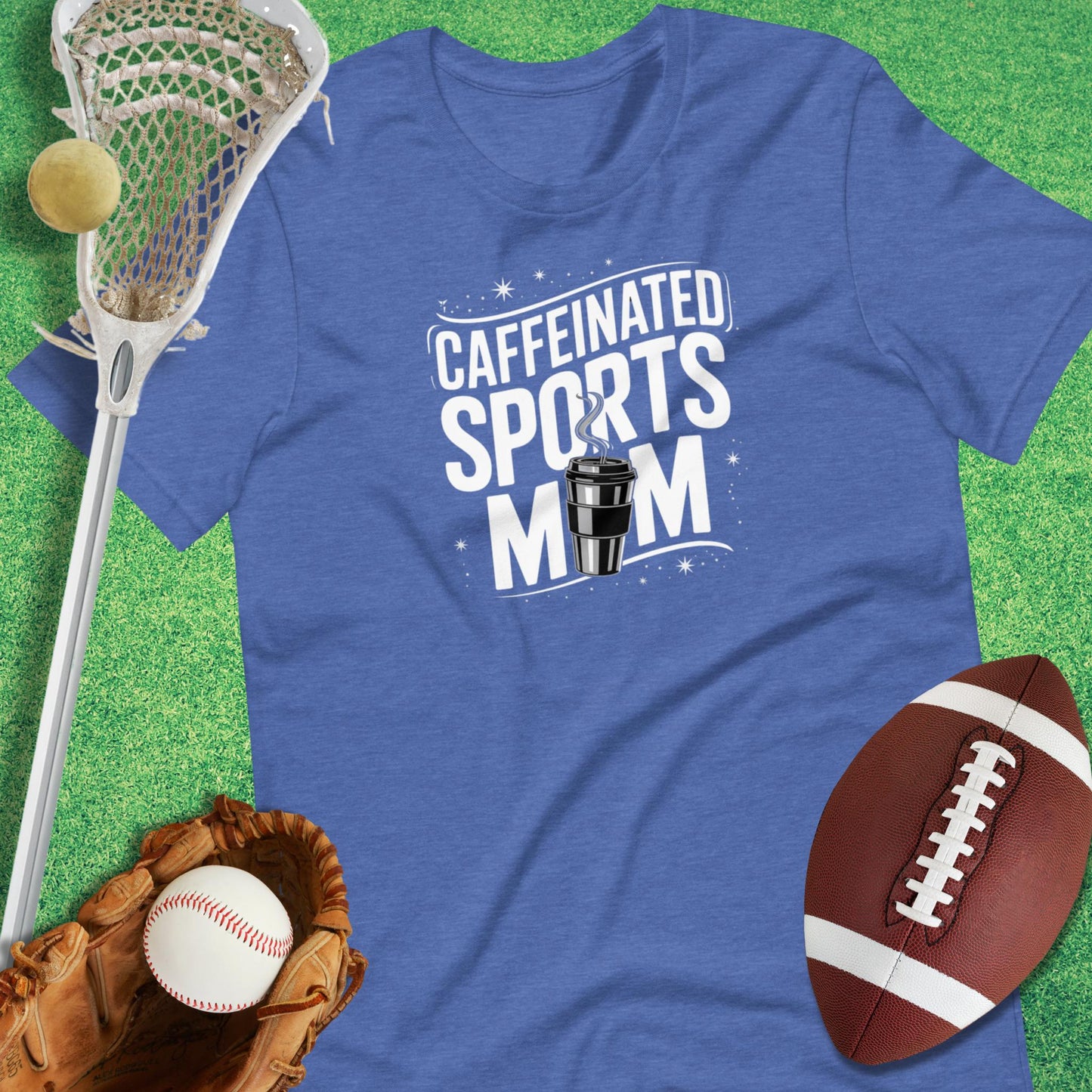 Caffeinated Sports Mom T-Shirt in Heather True Royal - Athelete Mom T-Shirt | Sideline Gods