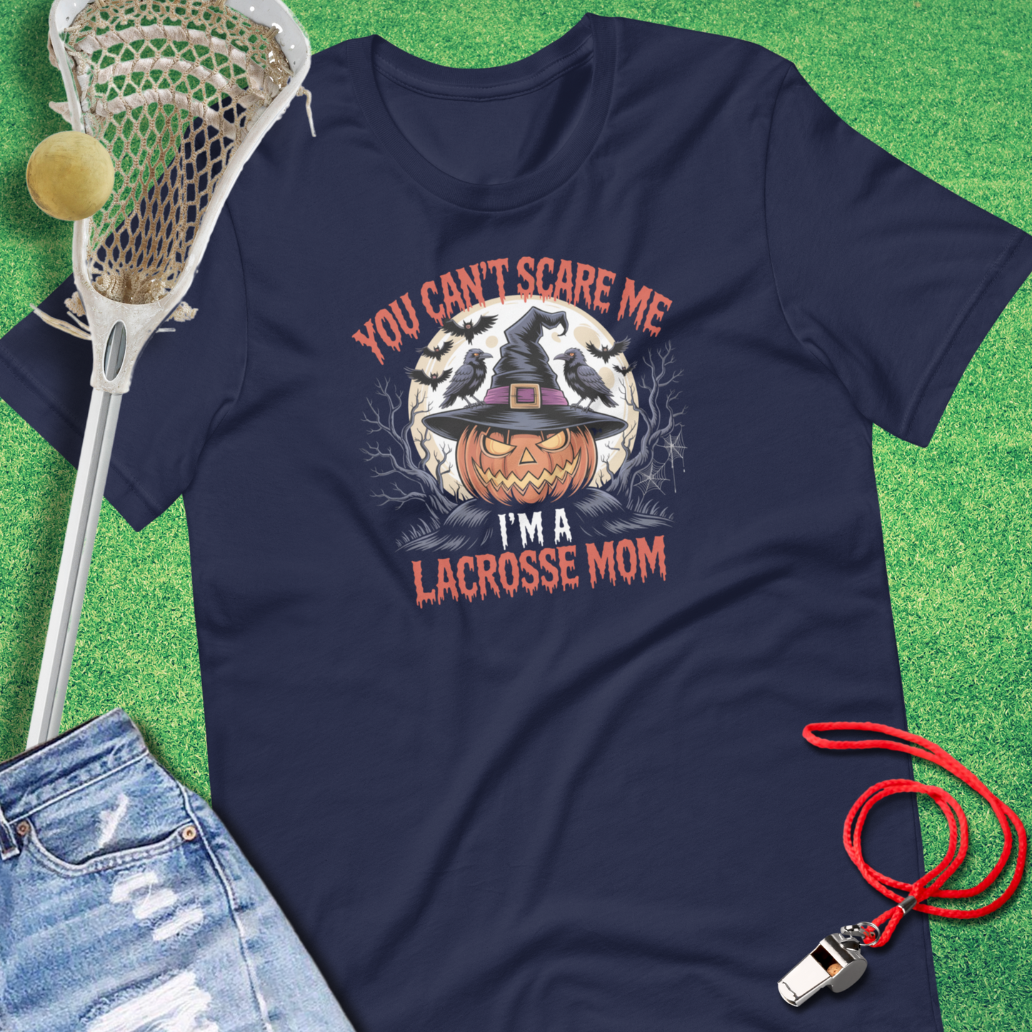 Sideline Gods spooky season shirt for lacrosse moms in navy
