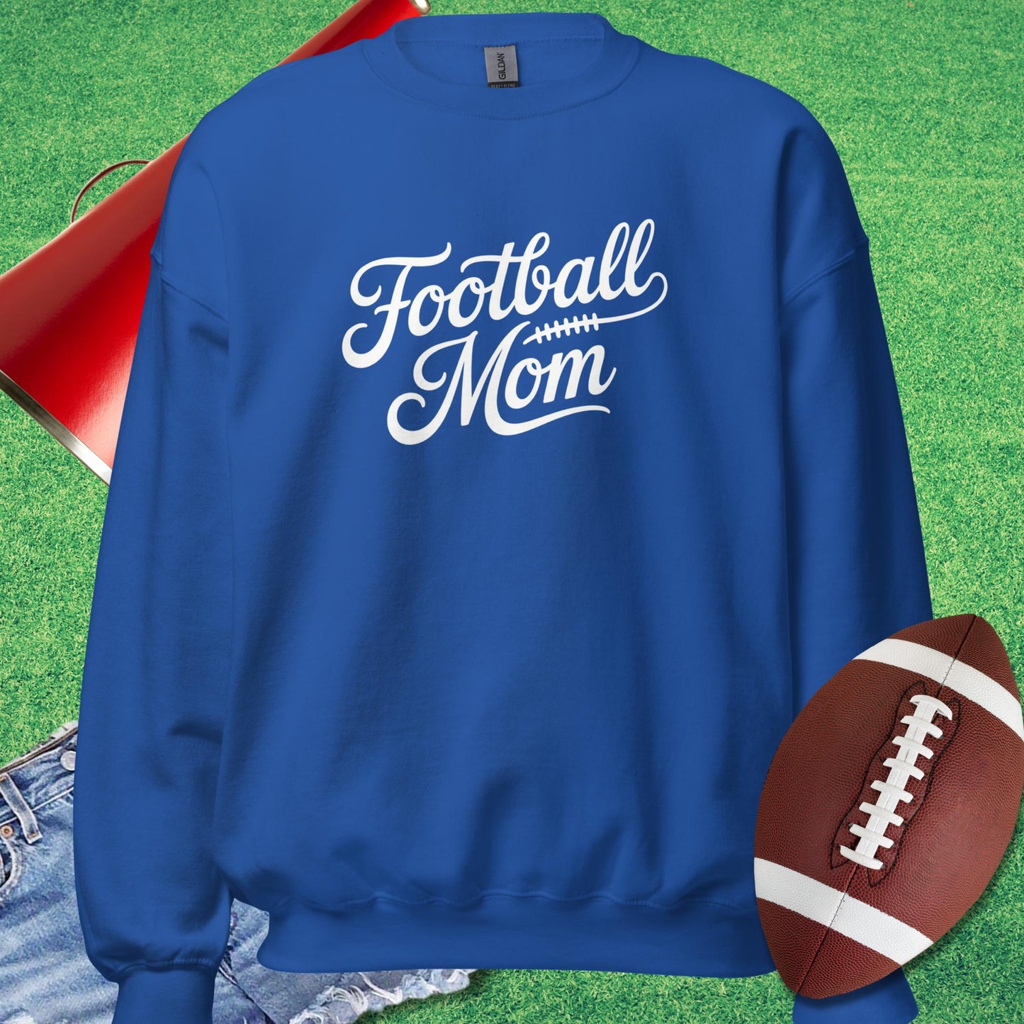Classic Script Football Mom Sweatshirt in Royal - Football Mom Present Ideas by Sideline Gods - Sideline Gods