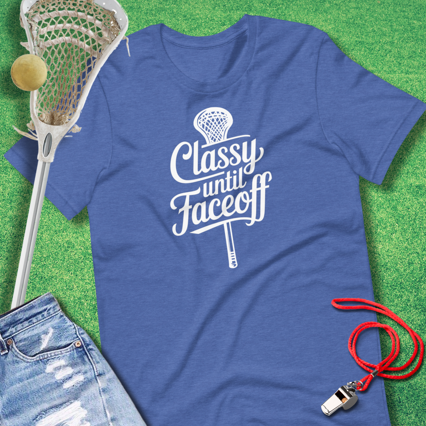 Classy Until Faceoff Lacrosse T-Shirt in Heather True Royal - Lacrosse Mom Tournament T-Shirt | Sideline Gods