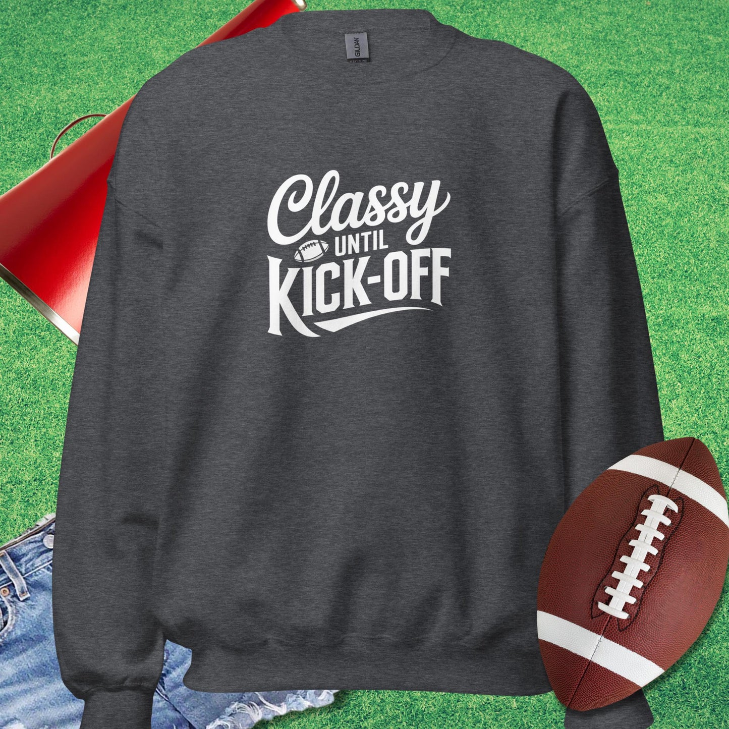 Classy Until Kick-Off Sweatshirt in Dark Heather - Football Tailgating [product_type} by Sideline Gods