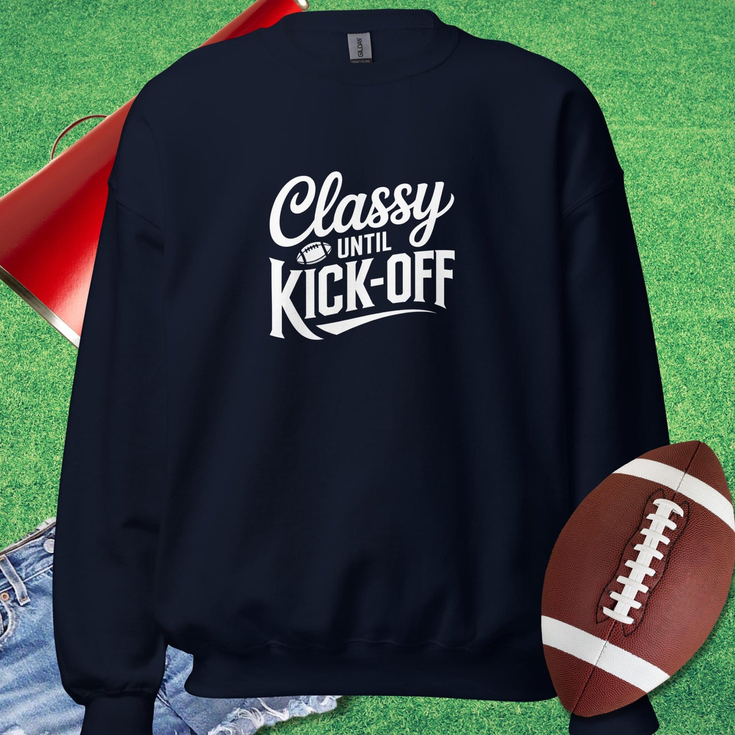 Classy Until Kick-Off Sweatshirt in Navy - Novelty Football Sweatshirt by Sideline Gods