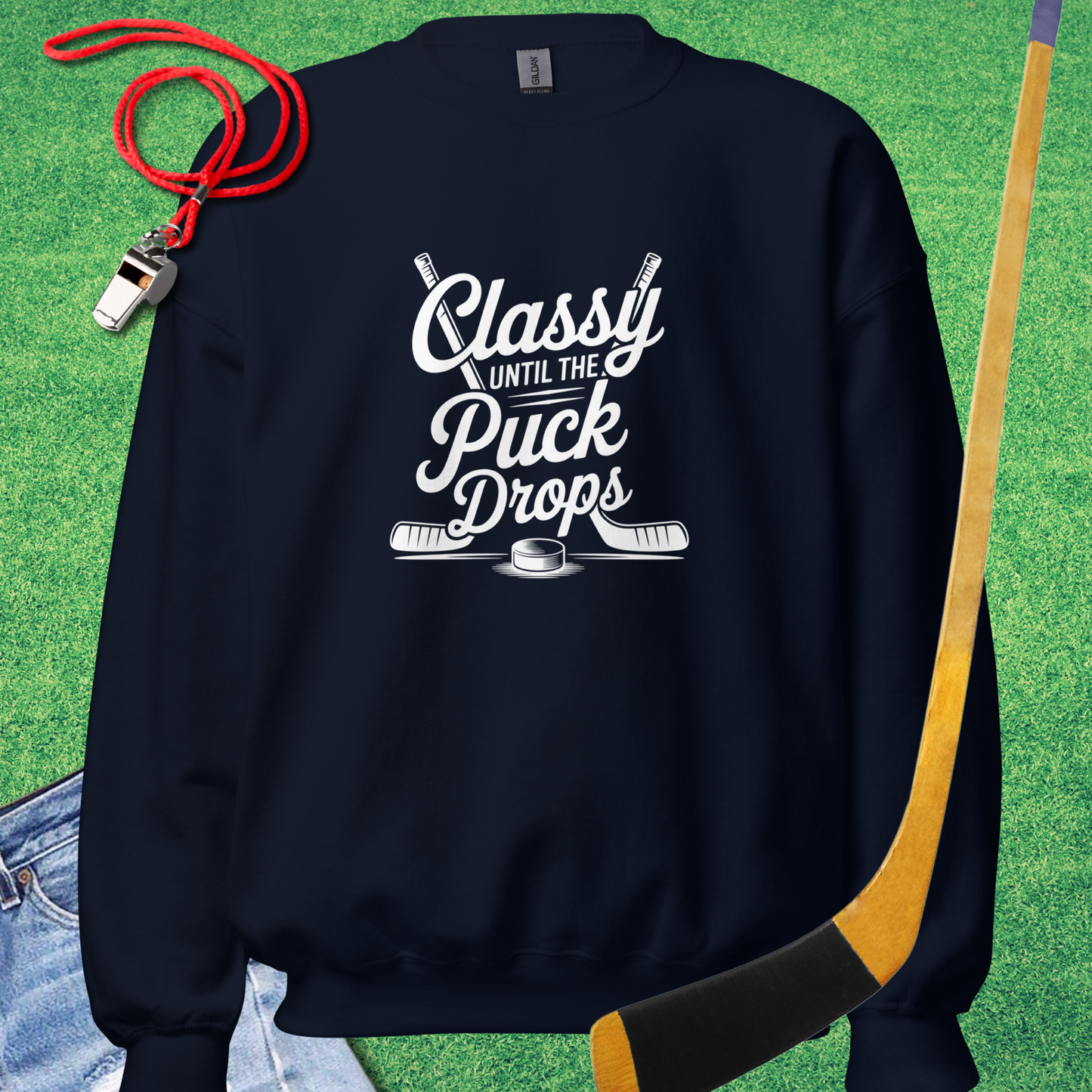 Classy Until the Puck Drops Sweatshirt in Navy - Ice Hockey Mom Tournament Sweatshirt | Sideline Gods