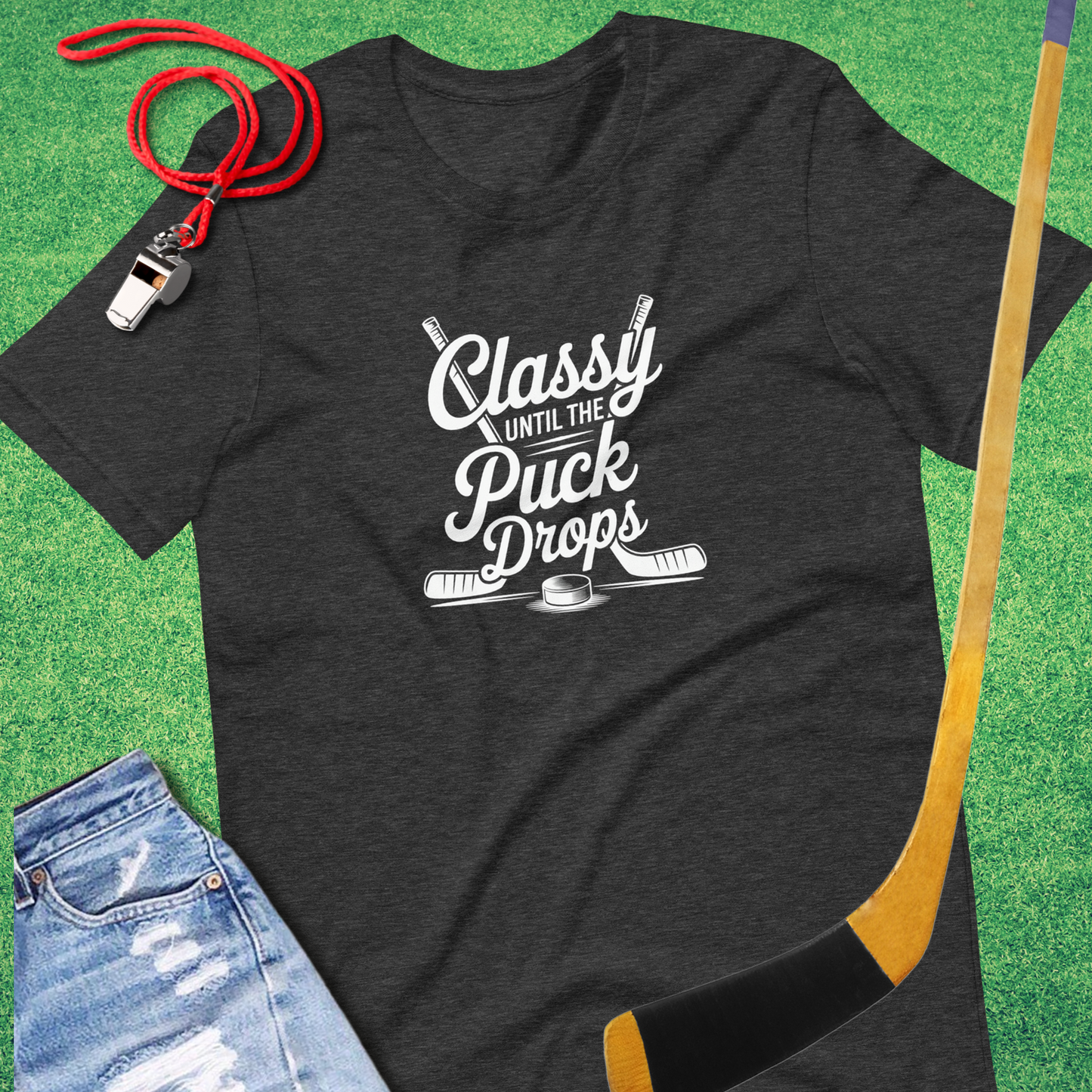 Classy Until the Puck Drops T-Shirt in Dark Grey Heather - Rink Mom T-Shirt | Sideline Gods