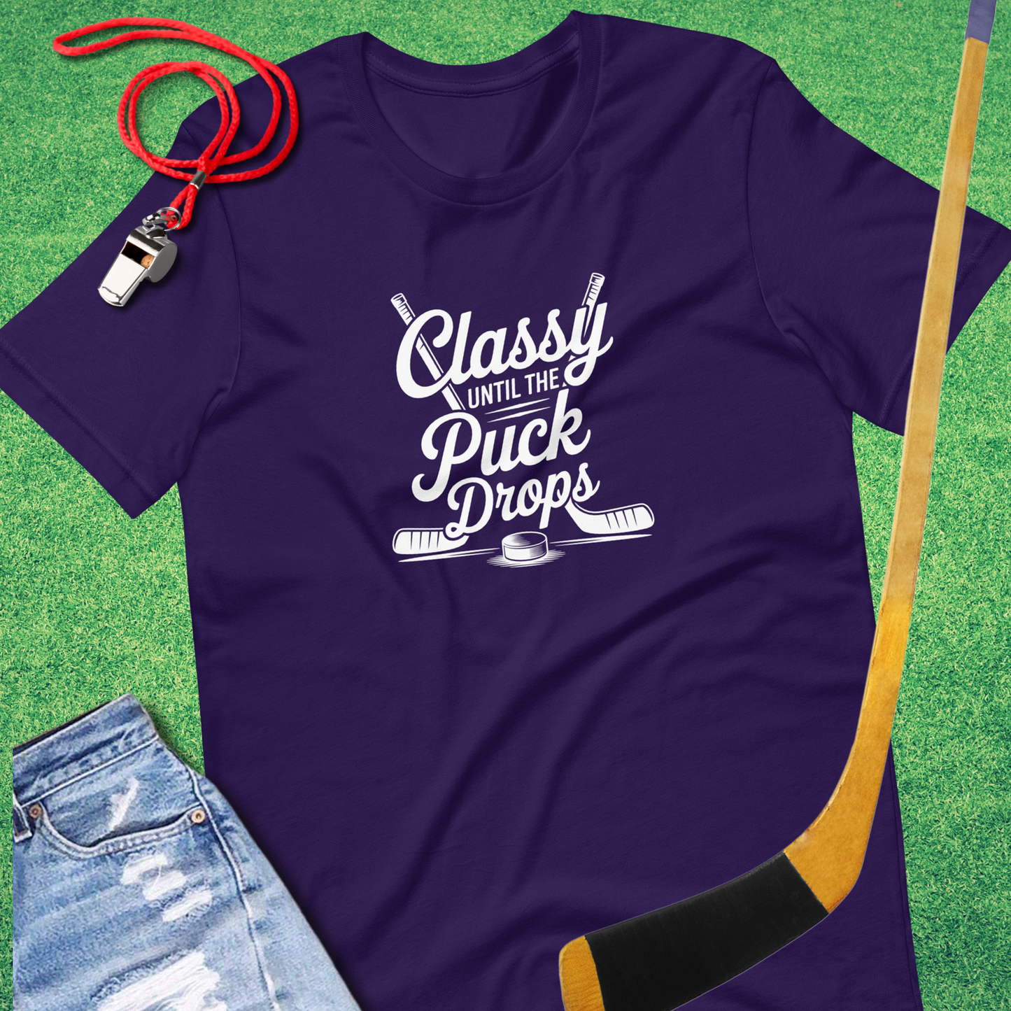 Classy Until the Puck Drops T-Shirt in Team Purple - Ice Hockey Mom Spirit | Sideline Gods