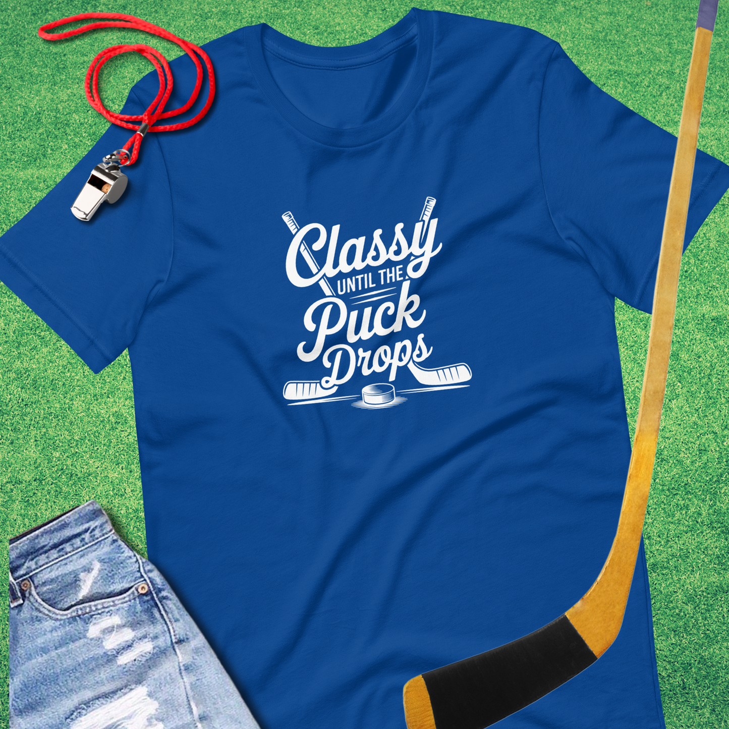 Classy Until the Puck Drops T-Shirt in True Royal - Hockey Mom T-Shirt | Sideline Gods