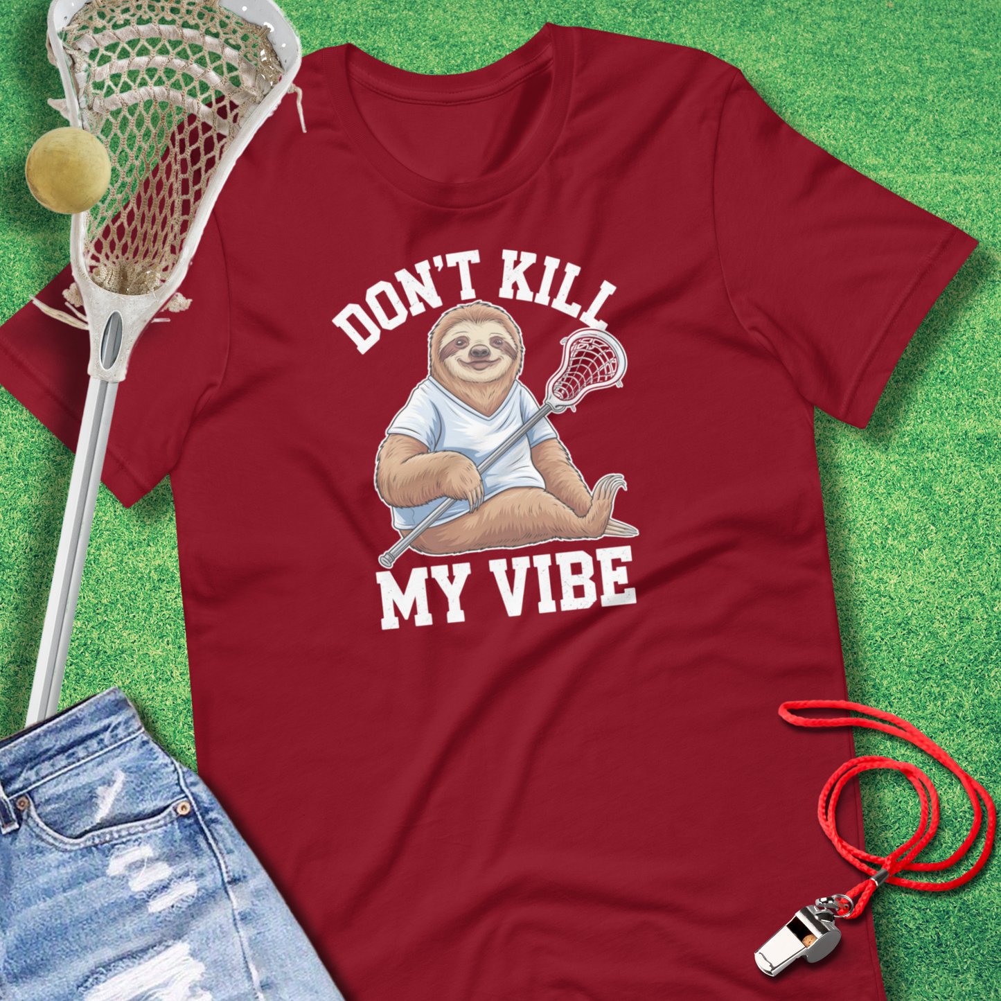 Don't Kill My Vibe Sloth T-Shirt in Cardinal - Humorous Lacrosse T-Shirt | Sideline Gods