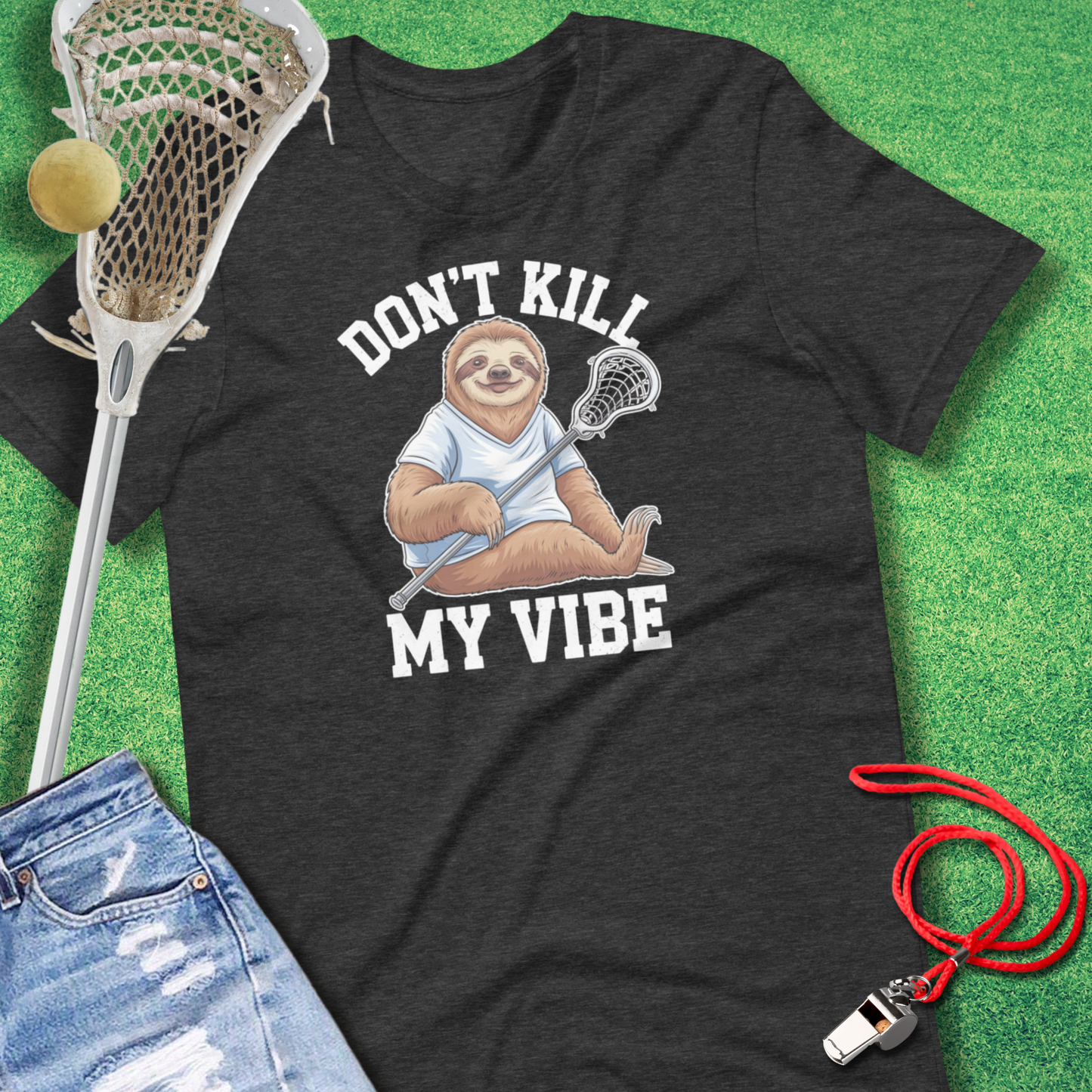 Don't Kill My Vibe Sloth T-Shirt in Dark Grey Heather - Funny Lax Gear | Sideline Gods
