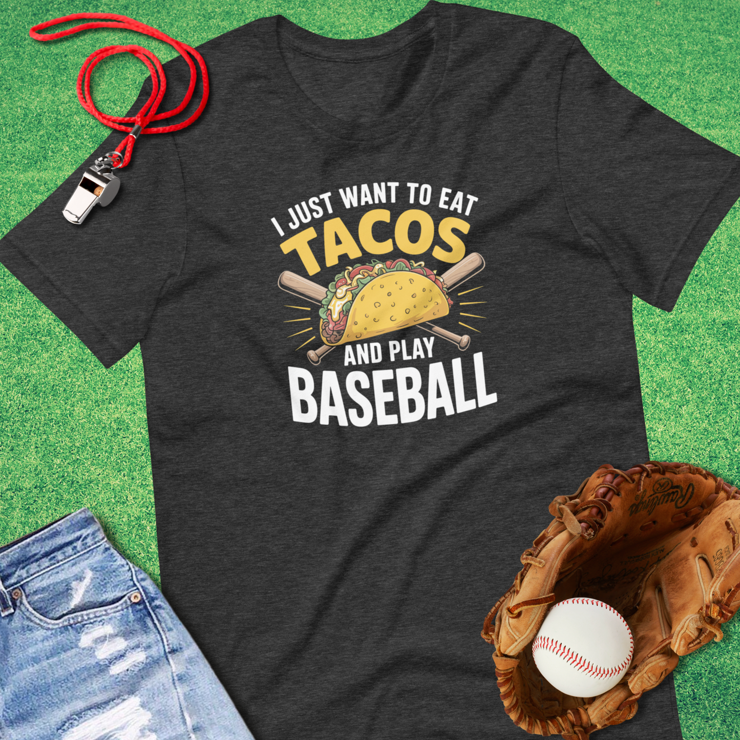 Eat Tacos and Play Baseball T-Shirt in Dark Grey Heather - Funny Baseball Gear | Sideline Gods