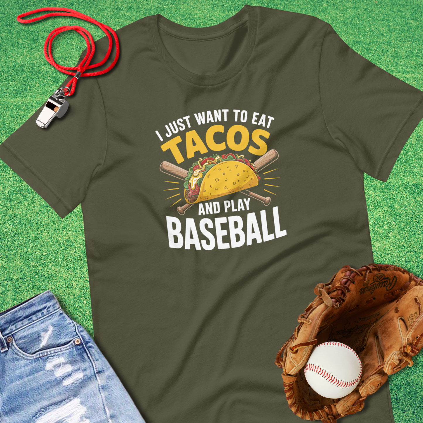 Eat Tacos and Play Baseball T-Shirt in Military Green - Funny Ballpark T-Shirt | Sideline Gods