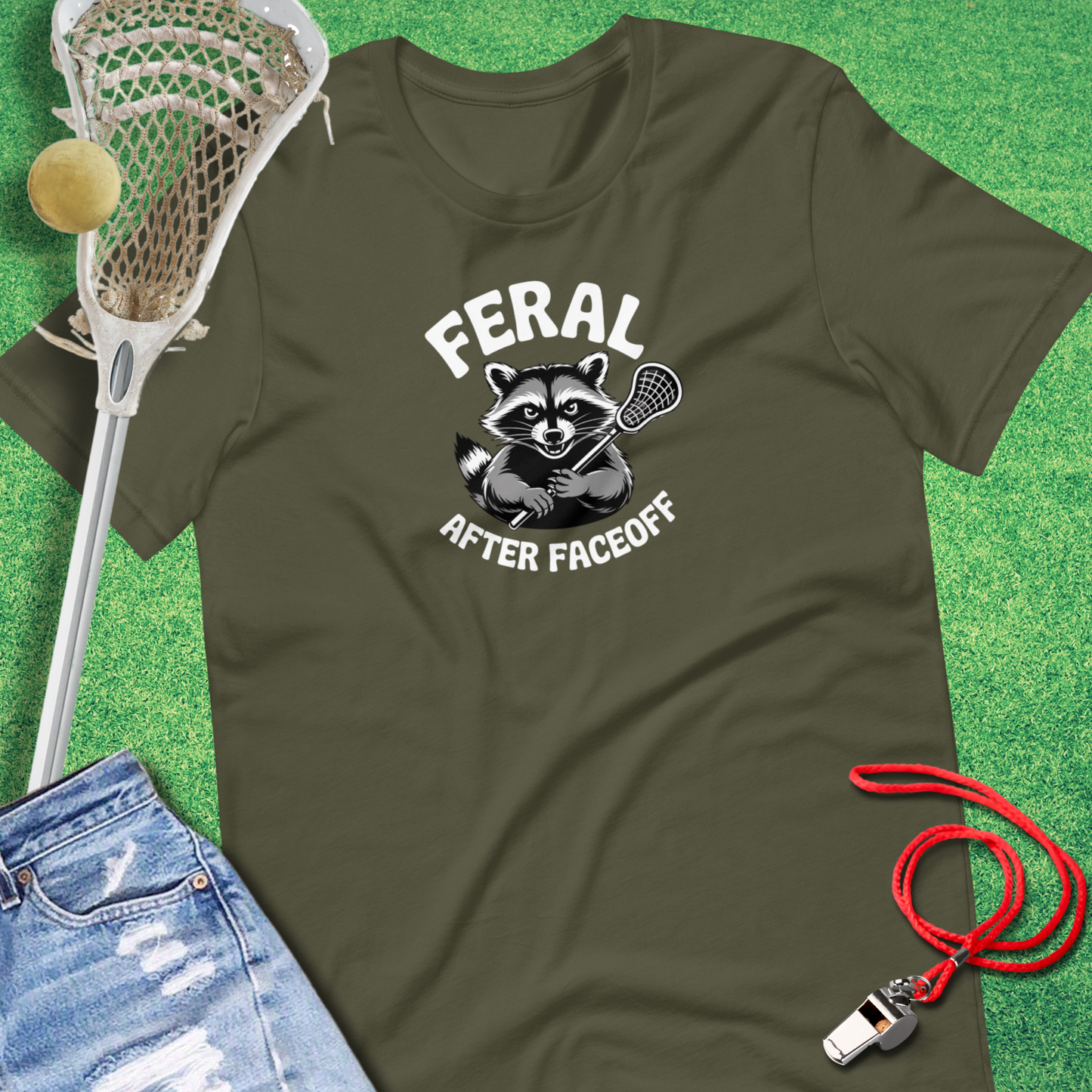 Feral After Faceoff T-Shirt in Military Green - Lacrosse Apparel for Players and Fans | Sideline Gods