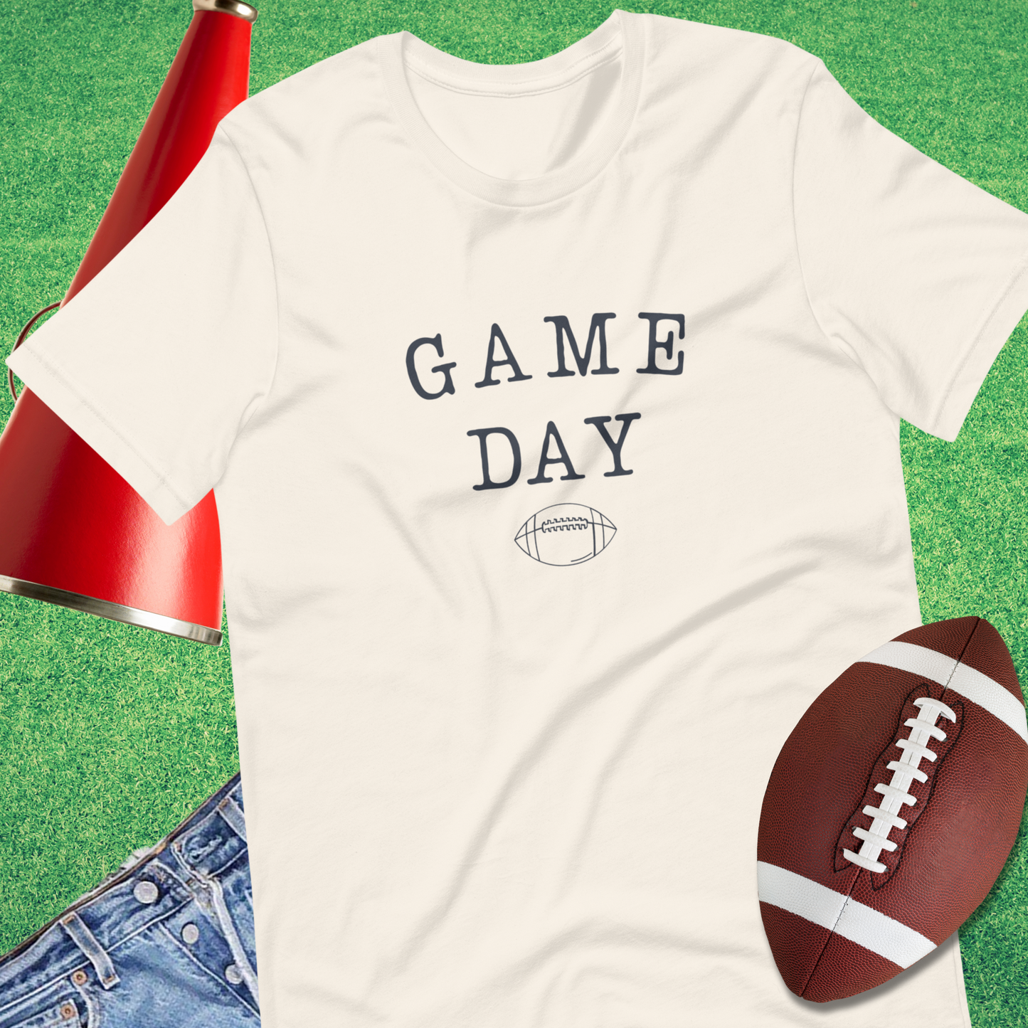 Game Day football t-shirt with typewriter font and football graphic
