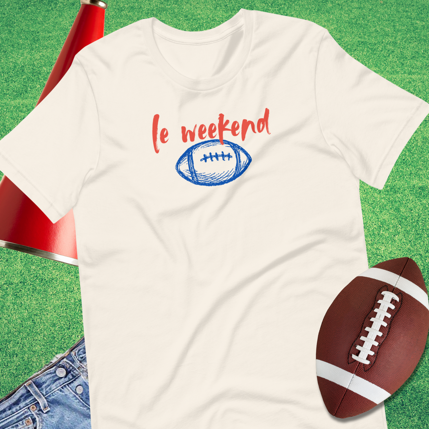 Le Weekend football t-shirt with French-inspired design and football doodle
