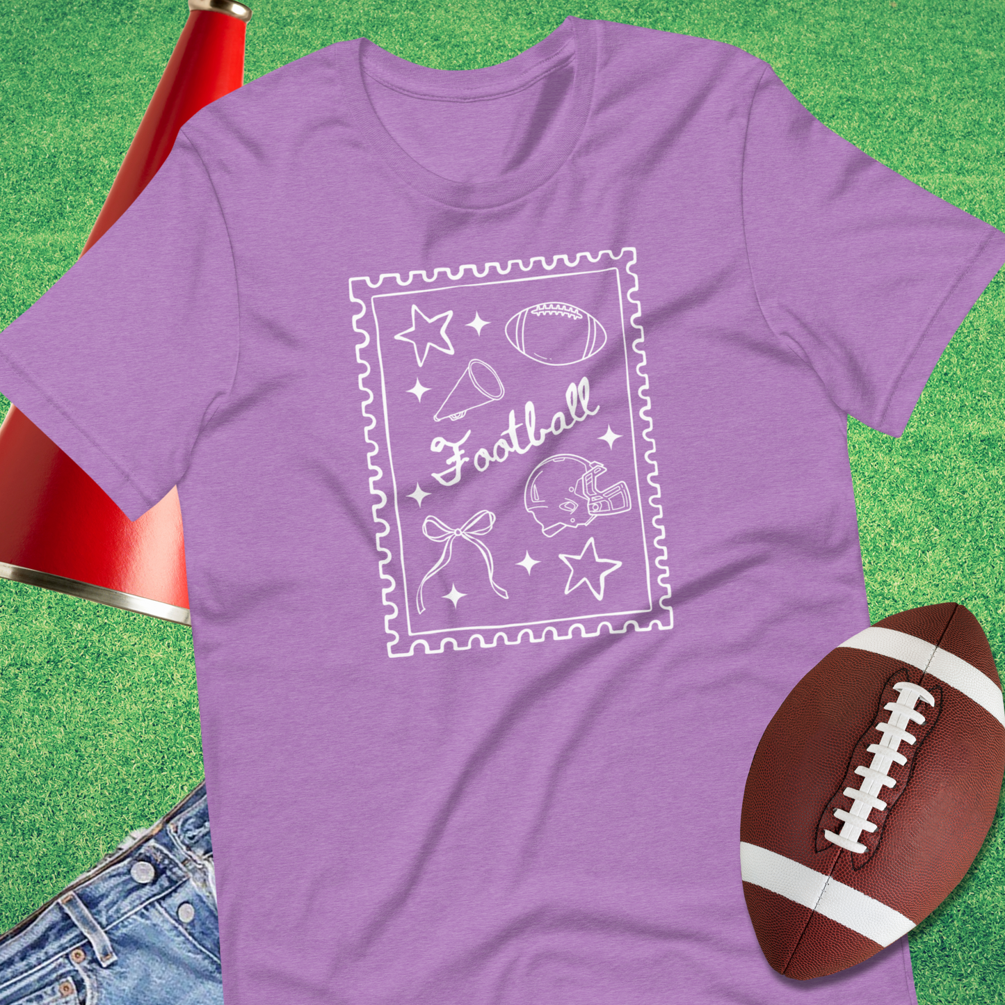 Purple t-shirt with football-themed design coquette girly grand gift for girl fan