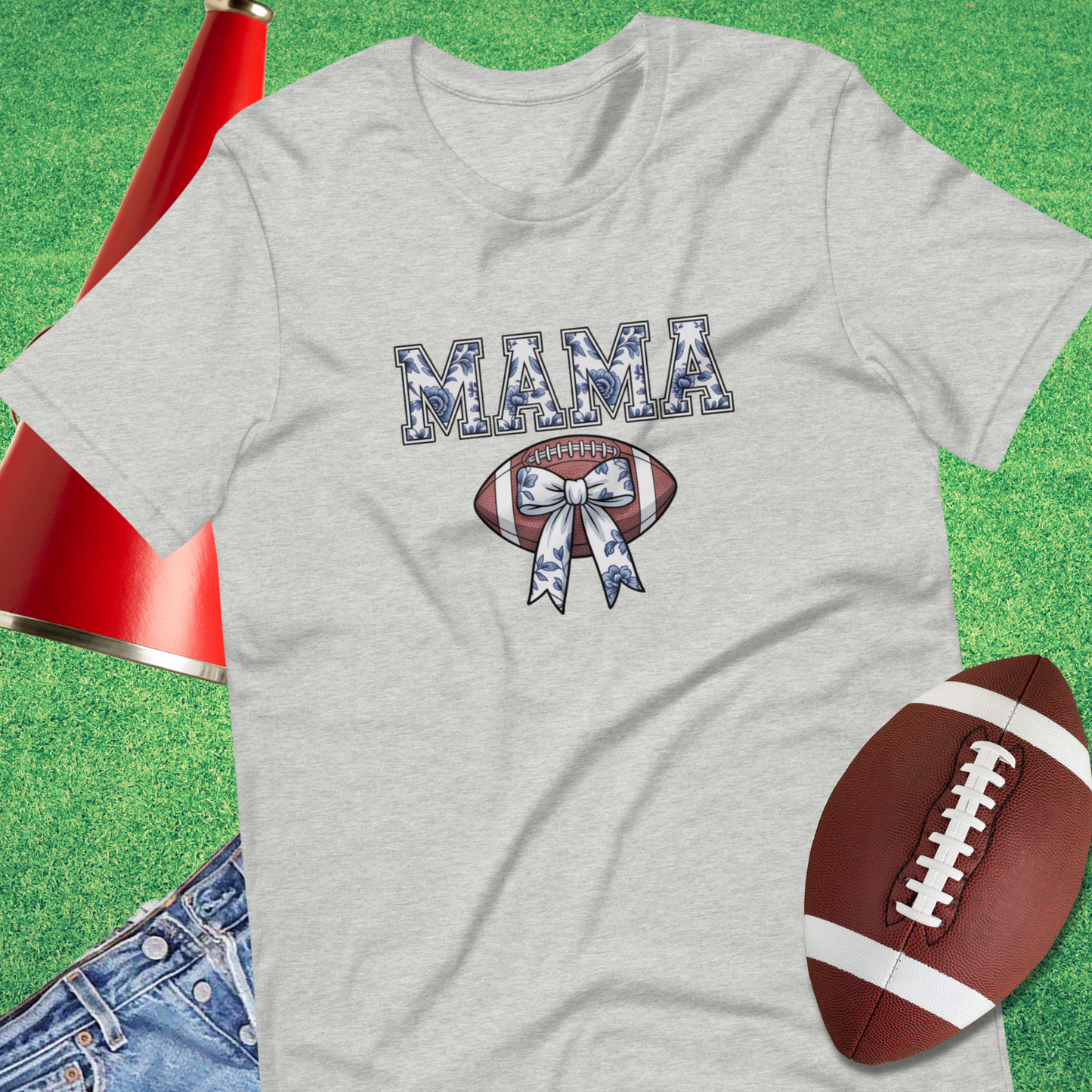 Unisex Mama football shirt featuring floral chinoiserie pattern and coquette bow for stylish game day outfit.